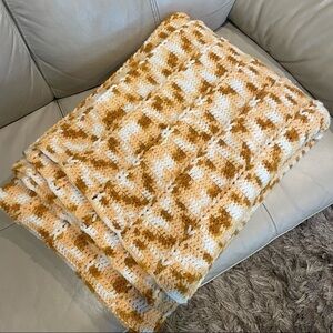 Crochet Throw 96” X 70” Handmade Chunky Blanket in Yellow White Caramel Large